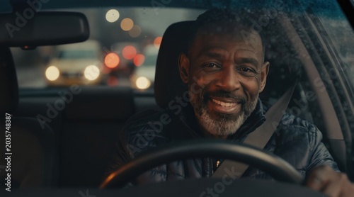 Mature African American man drives car in city rain. He smiles happily at camera, looking through wet window. Blurred city lights create bokeh effect, suggesting a pleasant commute.