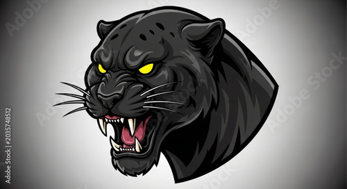 Fierce Black Panther Head Roaring With Yellow Eyes.