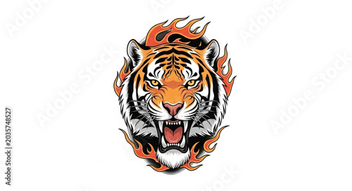 Fierce Tiger Head Illustration With Flames.
