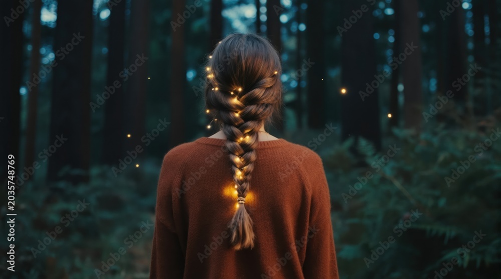Obraz premium Woman with braid and fairy lights in dark forest at dusk. Mysterious magical atmosphere, gentle bokeh lights float around her. Peaceful nature scene, serene ambiance.