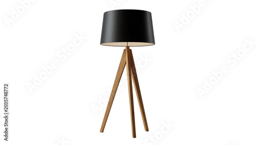 Canvas Print Isolated modern floor lamp with black fabric lampshade and natural wooden tripod