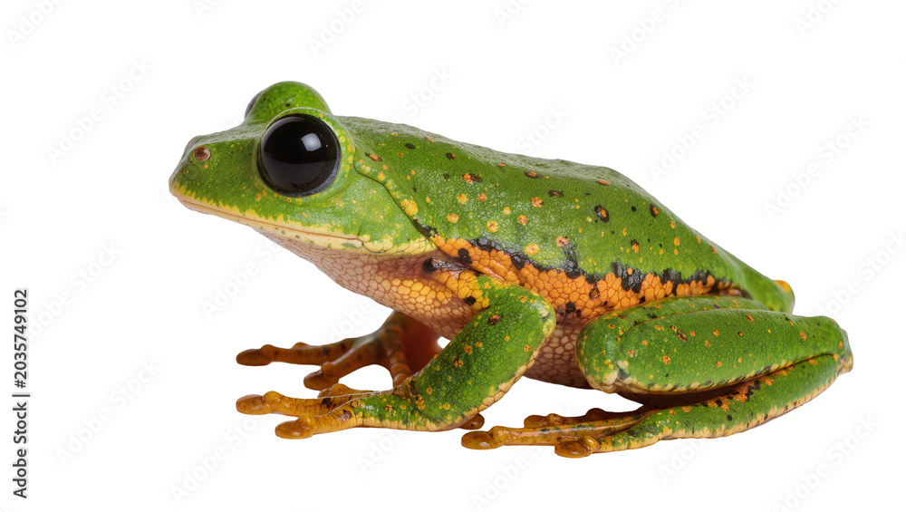 Fototapeta premium Isolated vibrant green tree frog with large black eyes and orange spots, detailed studio shot