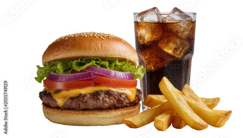 Foto Isolated delicious cheeseburger meal with crispy french fries and refreshing col