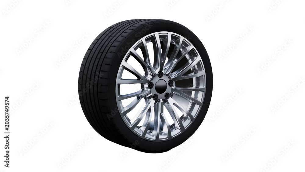 Obraz premium Isolated modern alloy car wheel with tire, shiny metallic spokes, automotive detail