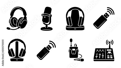 Fotografía Audio Equipment Icons: Microphones, Headphones, USB Drives, and Mixers, Vector S