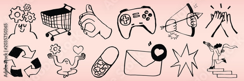 Canvastavla Vector icons: shopping cart, game controller, archery, recycling, and more on pink