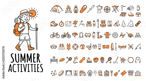 Happy young hiker with a backpack and walking stick surrounded by many summer activity icons