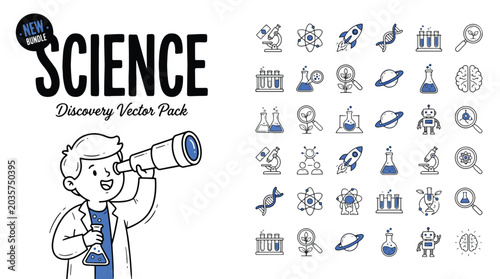 Curious cartoon boy scientist looking through a telescope with diverse science icons and educational vector symbols