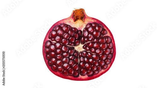 Konstfotografi Isolated ripe half pomegranate fruit cross-section with sweet, edible, ruby red arils
