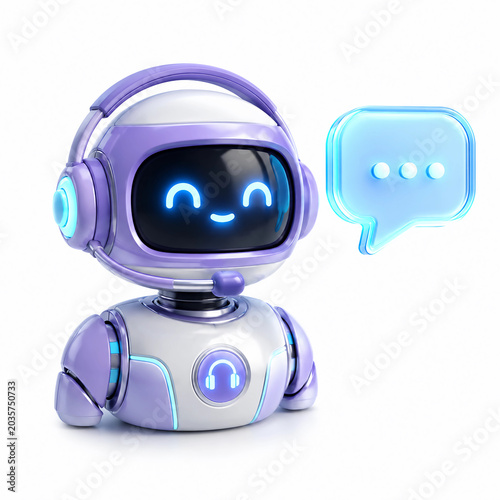 3D AI Chatbot Robot With Speech Bubble, Cute Virtual Assistant Mascot, Futuristic Customer Support Icon