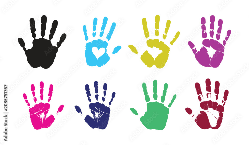 Fototapeta premium Colorful Handprint Collection: Vibrant handprint graphics in multiple colors for creativity and education themes. painted hands, children activity, artistic design, hand stamp, colorful pattern.