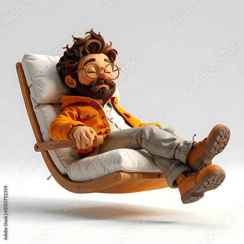 Relaxed man with beard and glasses napping in a modern lounge chair, peaceful repose, comfortable leisure, stress relief, mindful break