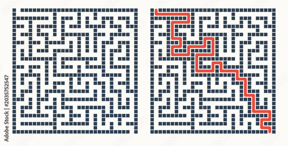 Fototapeta premium Labyrinth game grid, vector illustration style, black and red on white, puzzle solution visualization with solved path highlighted, educational brain teaser with copy space