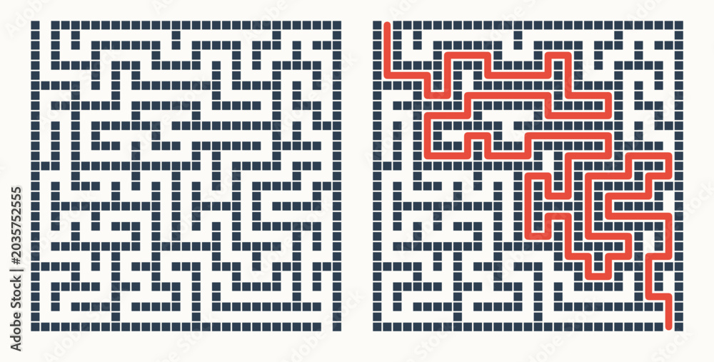 Fototapeta premium Labyrinth game grid, vector illustration style, black and red on white, puzzle solution visualization with solved path highlighted, educational brain teaser with copy space