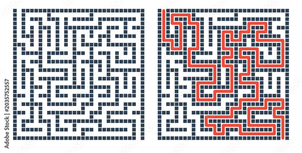 Fototapeta premium Labyrinth game grid, vector illustration style, black and red on white, puzzle solution visualization with solved path highlighted, educational brain teaser with copy space