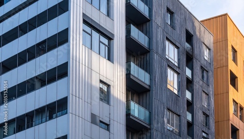 Modern residential apartment building facade with balconies.