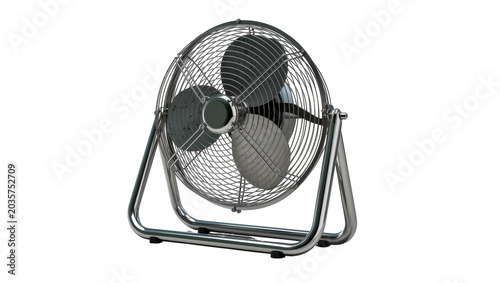 Isolated retro style metal desk fan with chrome finish, a classic cooling appliance for indoors