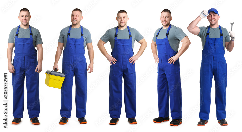 Fototapeta premium Repair technician in uniform. Collection of portraits on white background
