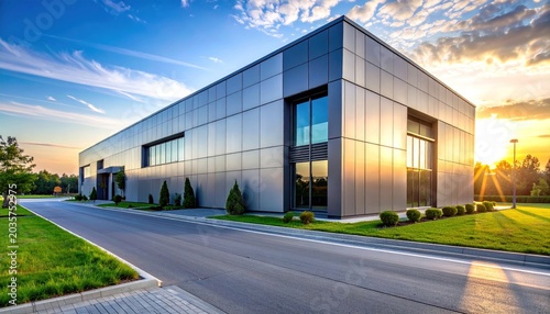 Modern warehouse facility with sleek metal facade at sunset.