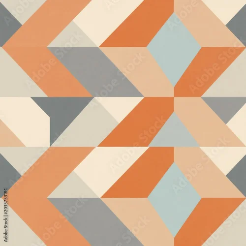 Panel kuchenny z motywem Geometric abstract pattern features interlocking rhombuses, parallelograms in orange, grey, cream, pale blue. Repeating shapes create retro mid century modern seamless background design. Minimalist,