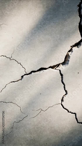 Vertical video: Panning camera revealing concrete slab widening fissure on patio, hairline cracks