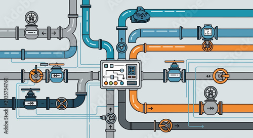 Complex plumbing system illustration with valves and pipes