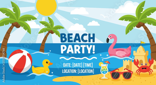 Beach Party Invitation with Tropical Elements and Summer Fun