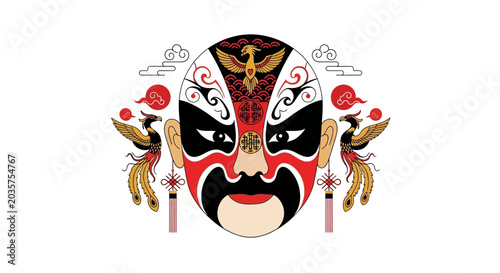 Chinese Opera Mask with Phoenix and Clouds