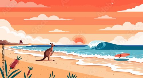 Kangaroo on beach at sunset with surf wave and lifeguard tower