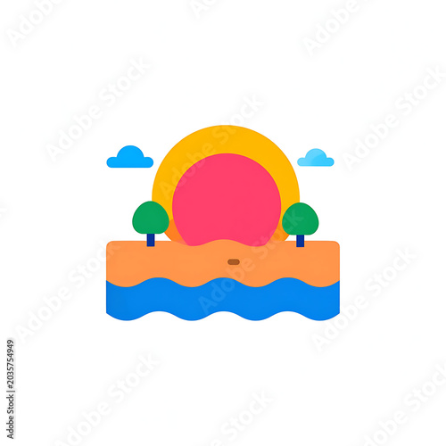 Simple flat landscape icon with vibrant sun over beach and ocean, two trees and clouds, representing summer vacation and nature, idealized scene