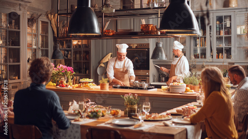 Warm restaurant scene with chef cooking and guests enjoying meals ,cooker in the kitchen, a traditional couple of people eating romance dinner , man having a lunch, a women having
