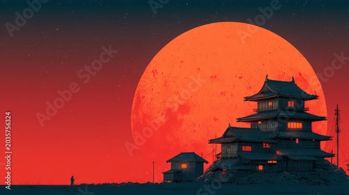 Japanese temple silhouette against a large red sun at dusk or dawn