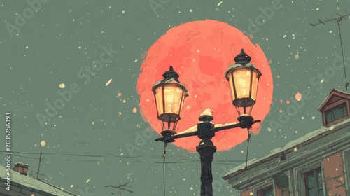 Vintage street lamp silhouetted against a large red moon night sky