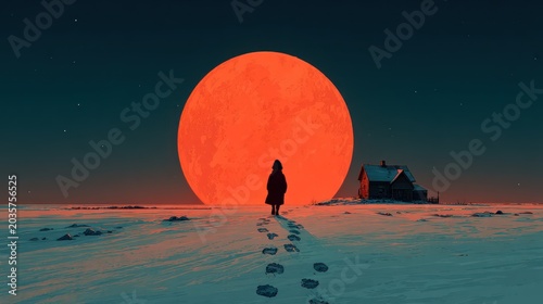 Silhouette person walking towards large orange sun on snowy landscape