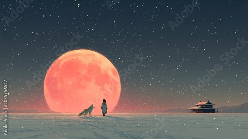 Woman and wolf observing large moon in night sky starry background