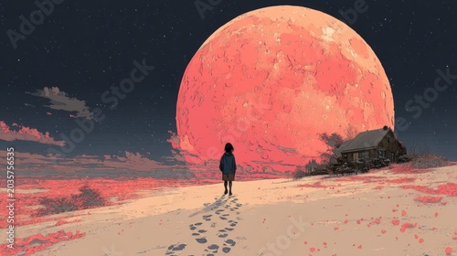 Lone figure contemplating under a giant moon nighttime landscape