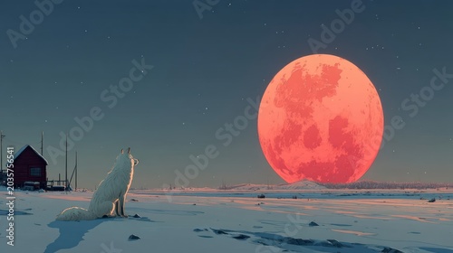 Arctic scene white fox silhouetted against a red moon in winter