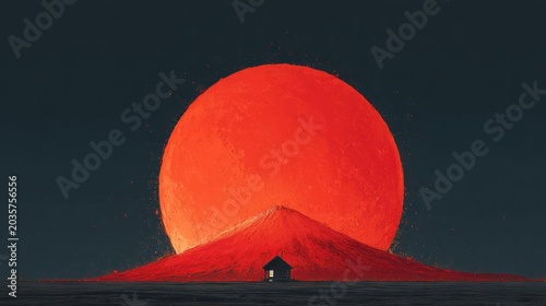 Dramatic sunset over a mountain silhouette and solitary structure