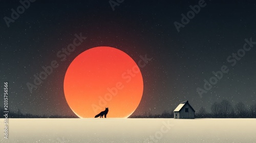 Silhouette of a wolf and a house with a large sun in a winter landscape