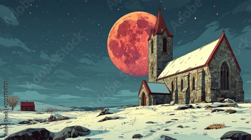 Church under a vibrant full moon in a winter landscape night scene