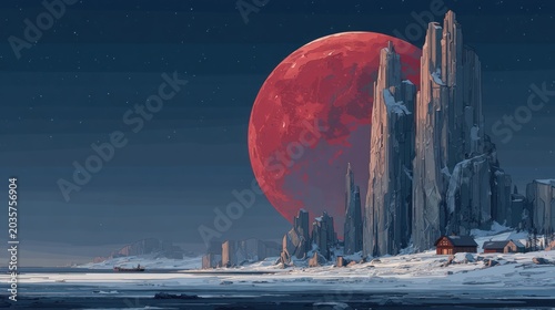 Dramatic landscape with giant red moon over snow covered mountains