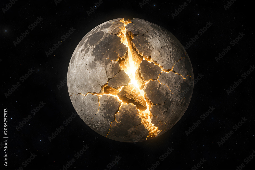 Fototapeta premium Cracked moon glowing from within like a broken cosmic egg
