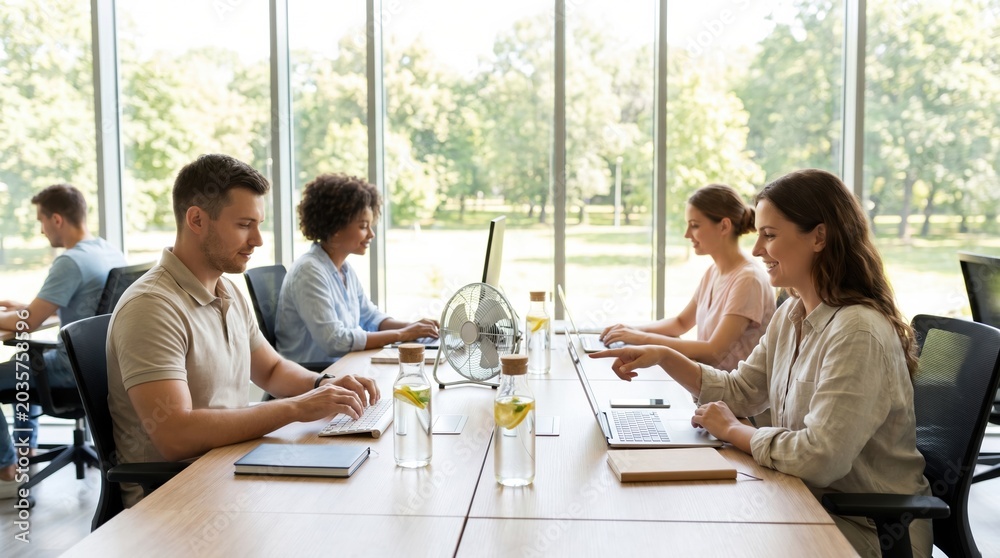 Fototapeta premium Diverse Young Professionals Collaborating in Modern Bright Office Workspace Using Laptops for Business Projects