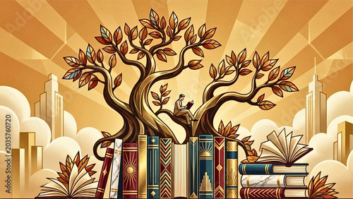 A tree of knowledge from books , an illustration for education and self-development