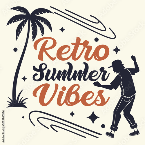 Retro summer vibes handwritten script with palm leaves and sunburst illustration