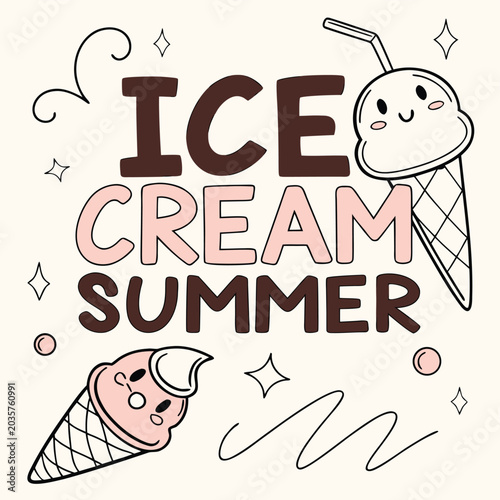 Hand-drawn summer creativity typography with melting ice cream character illustration
