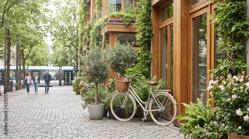 Charming urban street scene with a vintage bicycle parked outside a building adorned with greenery and flowers. Pedestrians stroll along a cobblestone path in the background