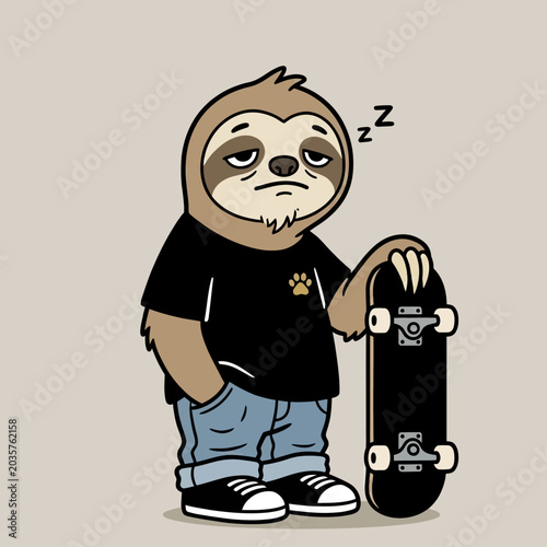 Fotografie Cartoon sloth with skateboard sleeping.
