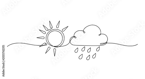 Continuous line drawing of sun and rain cloud with drops, weather concept, minimal art.