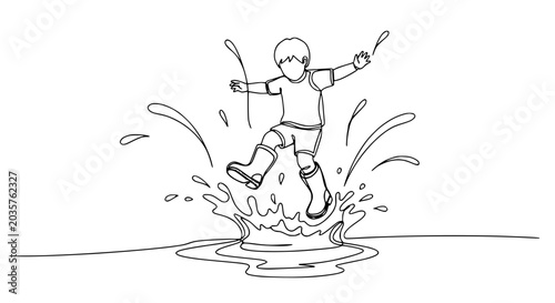 Photos Joyful Child Jumping in Puddle, Line Art Illustration